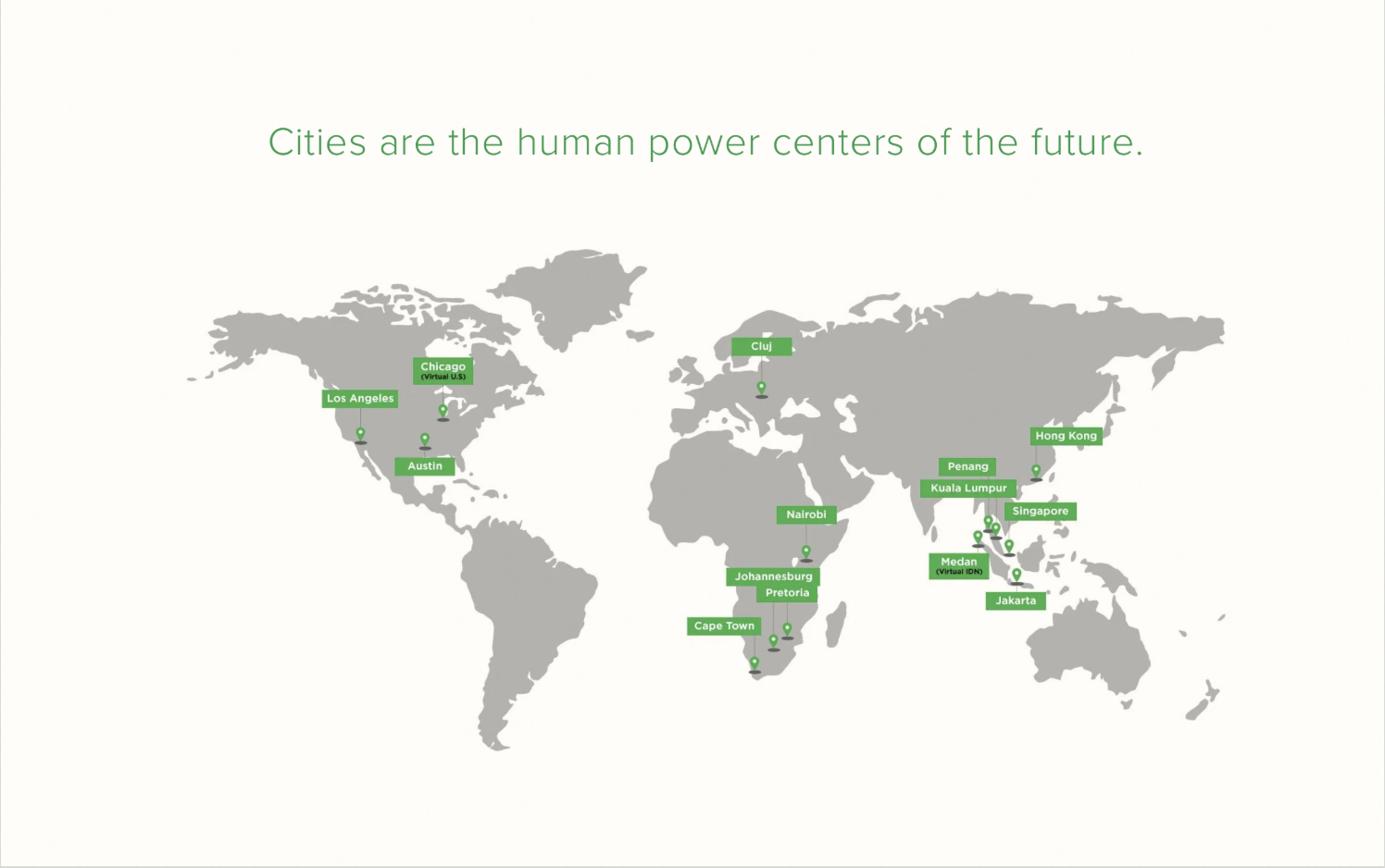 World map showing the global cities connected through the Resource Global network.